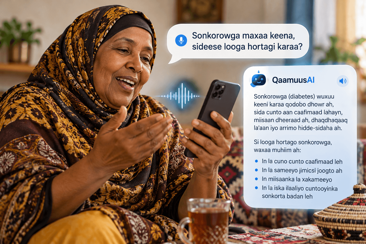 Concept illustration of a woman speaking Somali to an application on her phone and receiving a written and spoken response.
